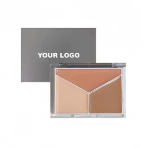 Private label 3 color contour palette with cream light, terracotta and deep brown pans in clear case with gray logo sleeve