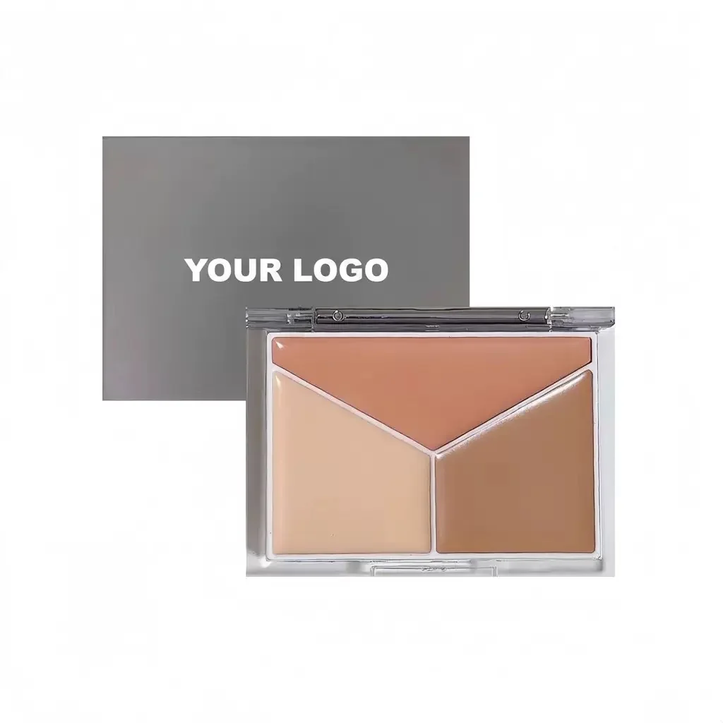 Private label 3 color contour palette with cream light, terracotta and deep brown pans in clear case with gray logo sleeve