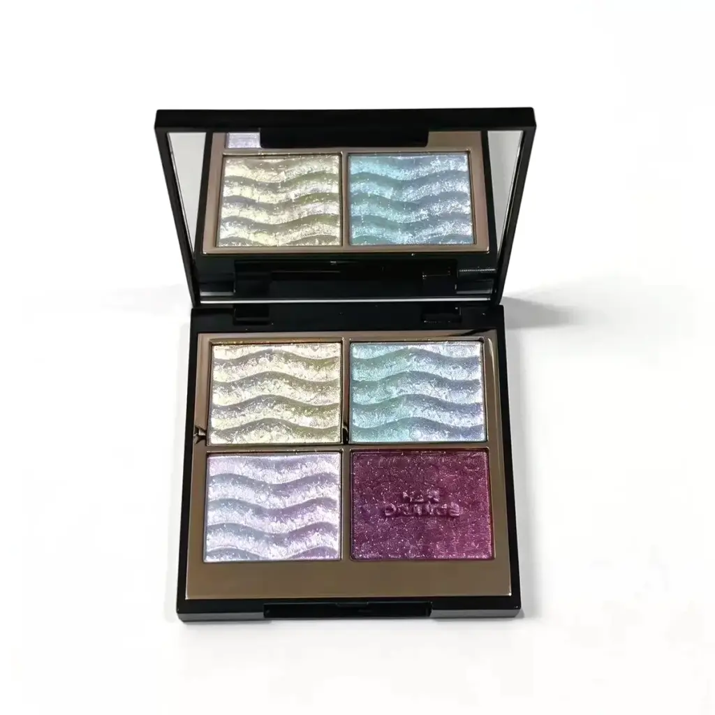 Private label 4 color eyeshadow palette with wavy embossed shimmer pans in champagne gold, ice blue, lilac and berry glitter