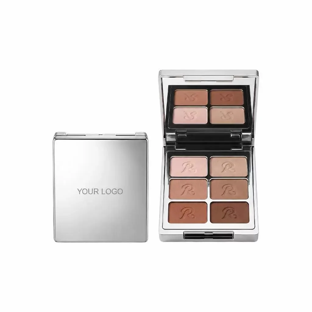 Private label 8 color eyeshadow palette in silver chrome case with mirror and warm rose neutral shades with custom embossing