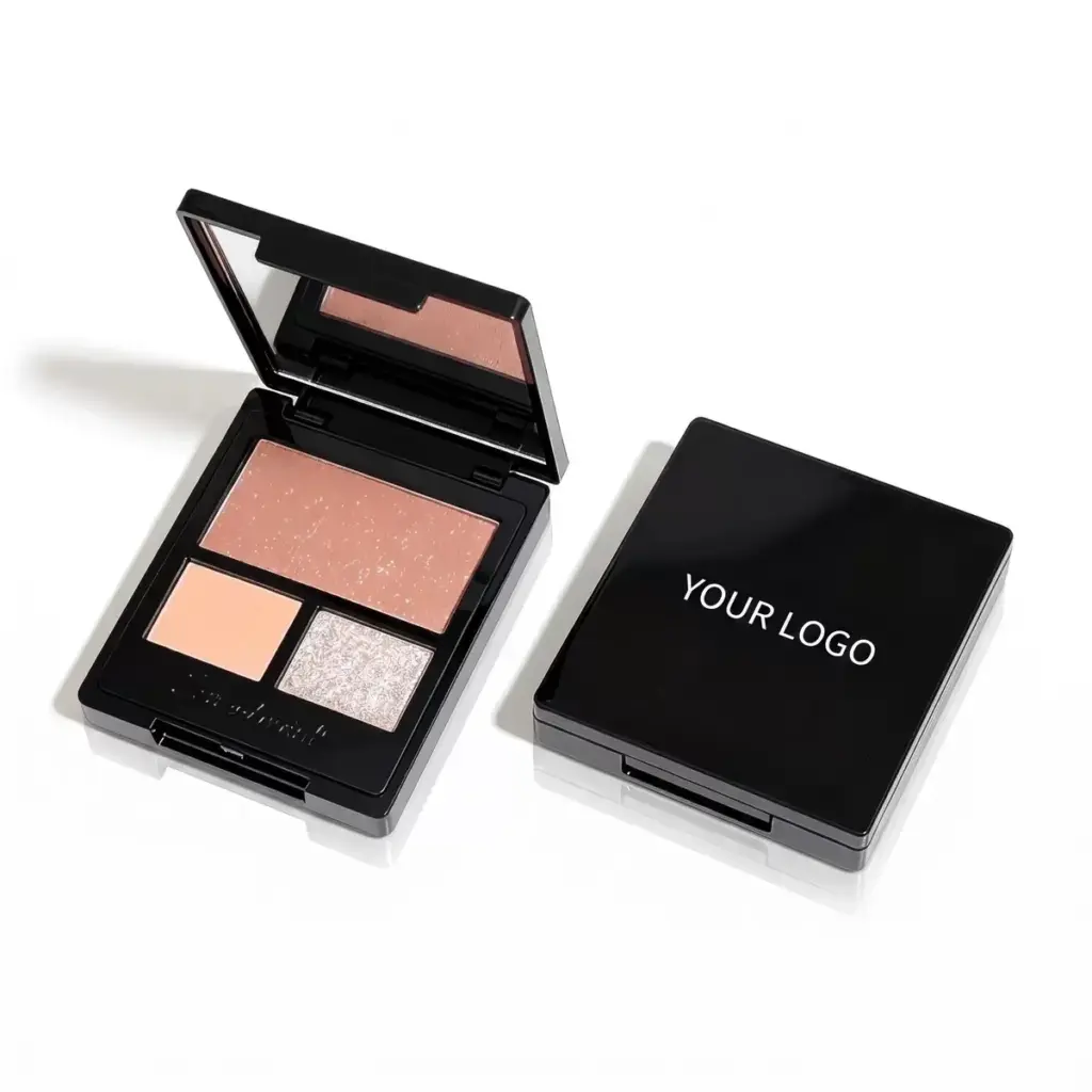 Private label blush and highlighter palette in glossy black square case with shimmer blush, matte accent and silver glitter highlighter