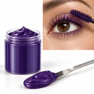 Purple colored mascara bulk formula and eyelash application