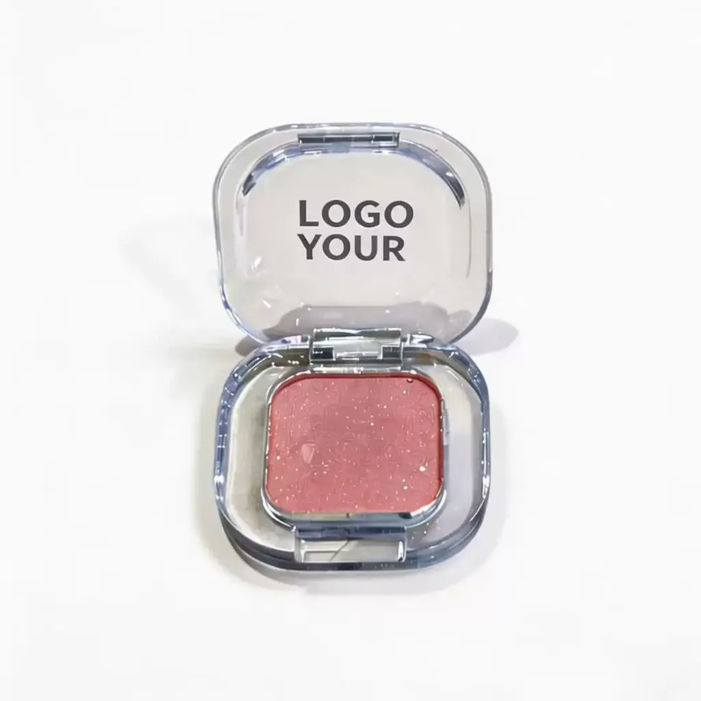 Private label cream blush compact with clear square case and sparkling terracotta rose pan