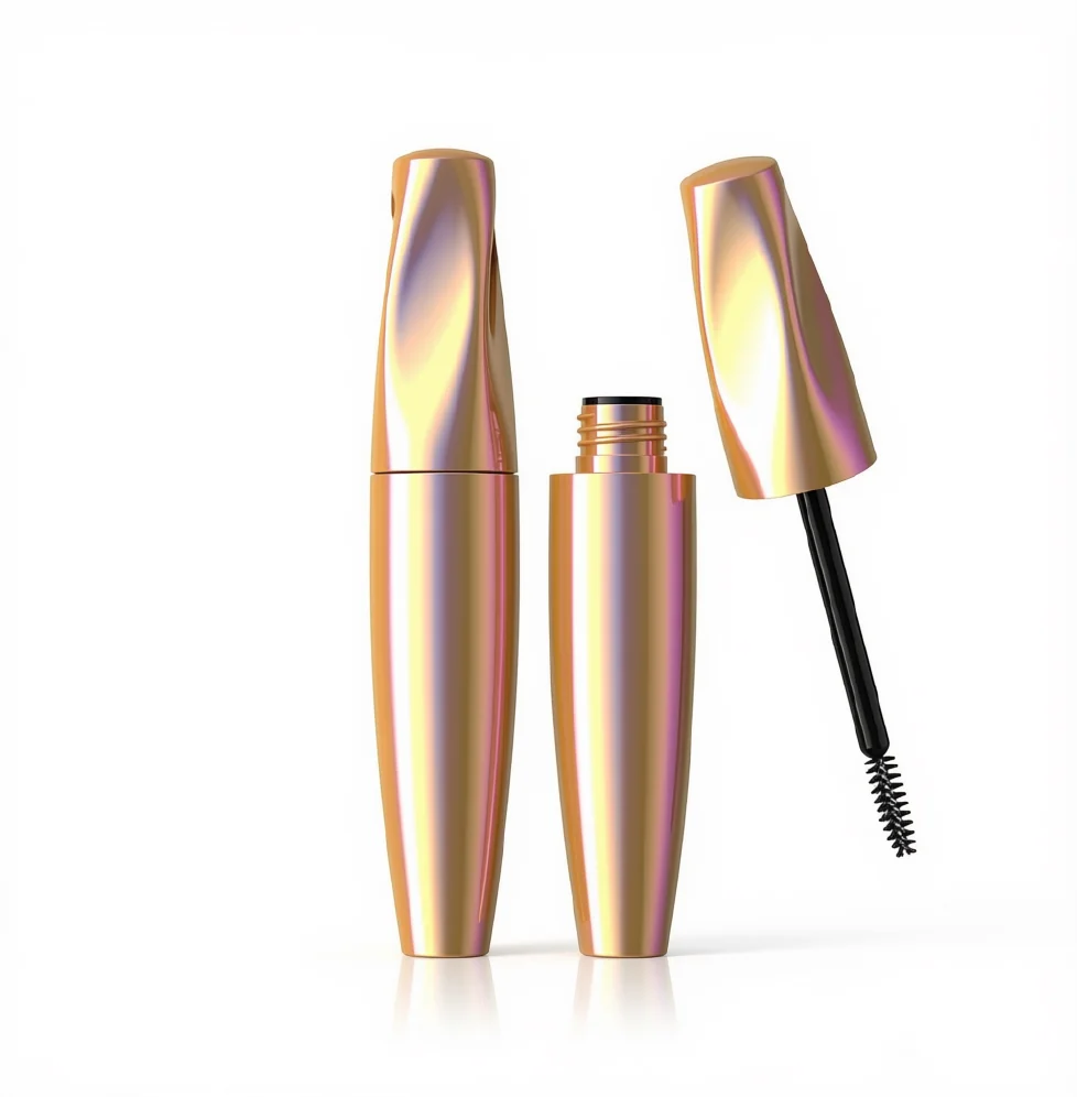 Private label curved tube mascara in iridescent gold packaging