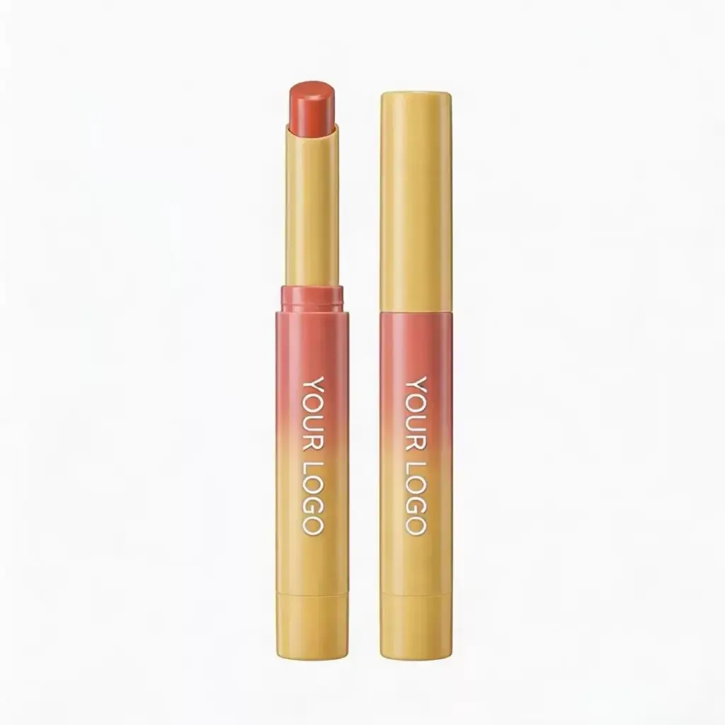 Private label gradient yellow lipstick with two-tone slim case fading from warm yellow to coral and mandarin matte bullet