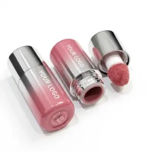 Private label liquid blush stick with pink gradient bottle, silver cap and velvet cushion applicator