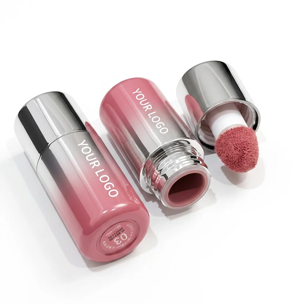 Private label liquid blush stick with pink gradient bottle, silver cap and velvet cushion applicator