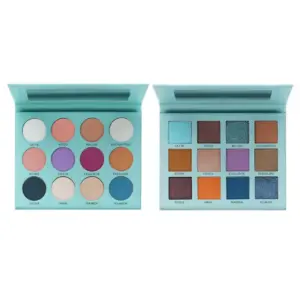 Private label mint eyeshadow palette with 12 round and square pans, printed shade names, mirror and custom mint case