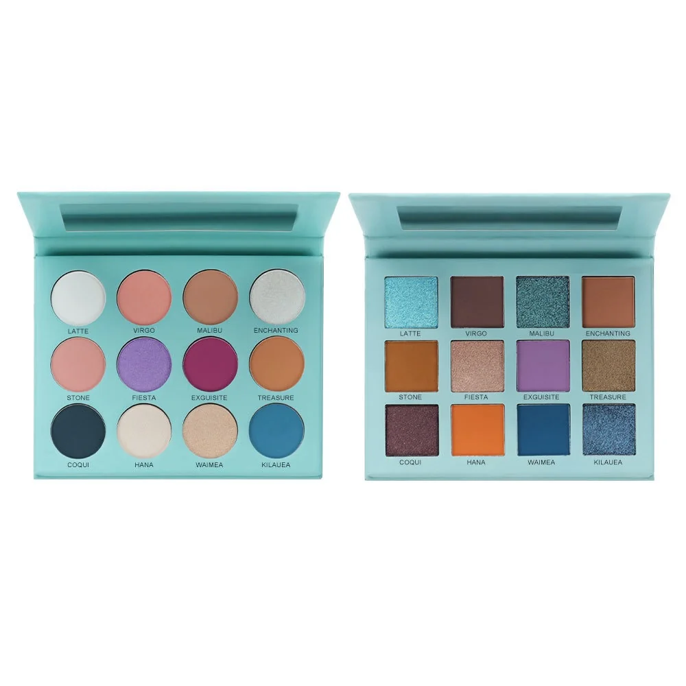 Private label mint eyeshadow palette with 12 round and square pans, printed shade names, mirror and custom mint case