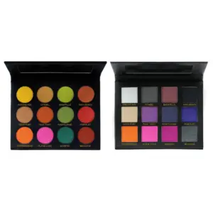 Private label neon eyeshadow palette in black case with 12 round and square pans, gold printed shade names and mirror