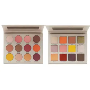 Private label nude eyeshadow palette with 12 round and square pans in taupe, terracotta, berry and shimmer neutral finishes