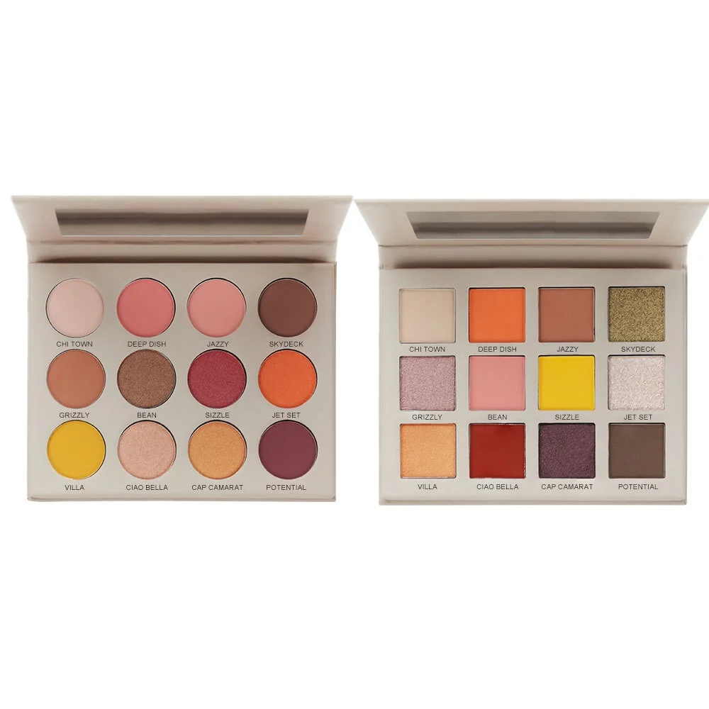 Private label nude eyeshadow palette with 12 round and square pans in taupe, terracotta, berry and shimmer neutral finishes