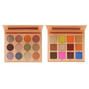 Private label peach eyeshadow palette with 12 round and square pans in warm caramel, terracotta and shimmer finishes