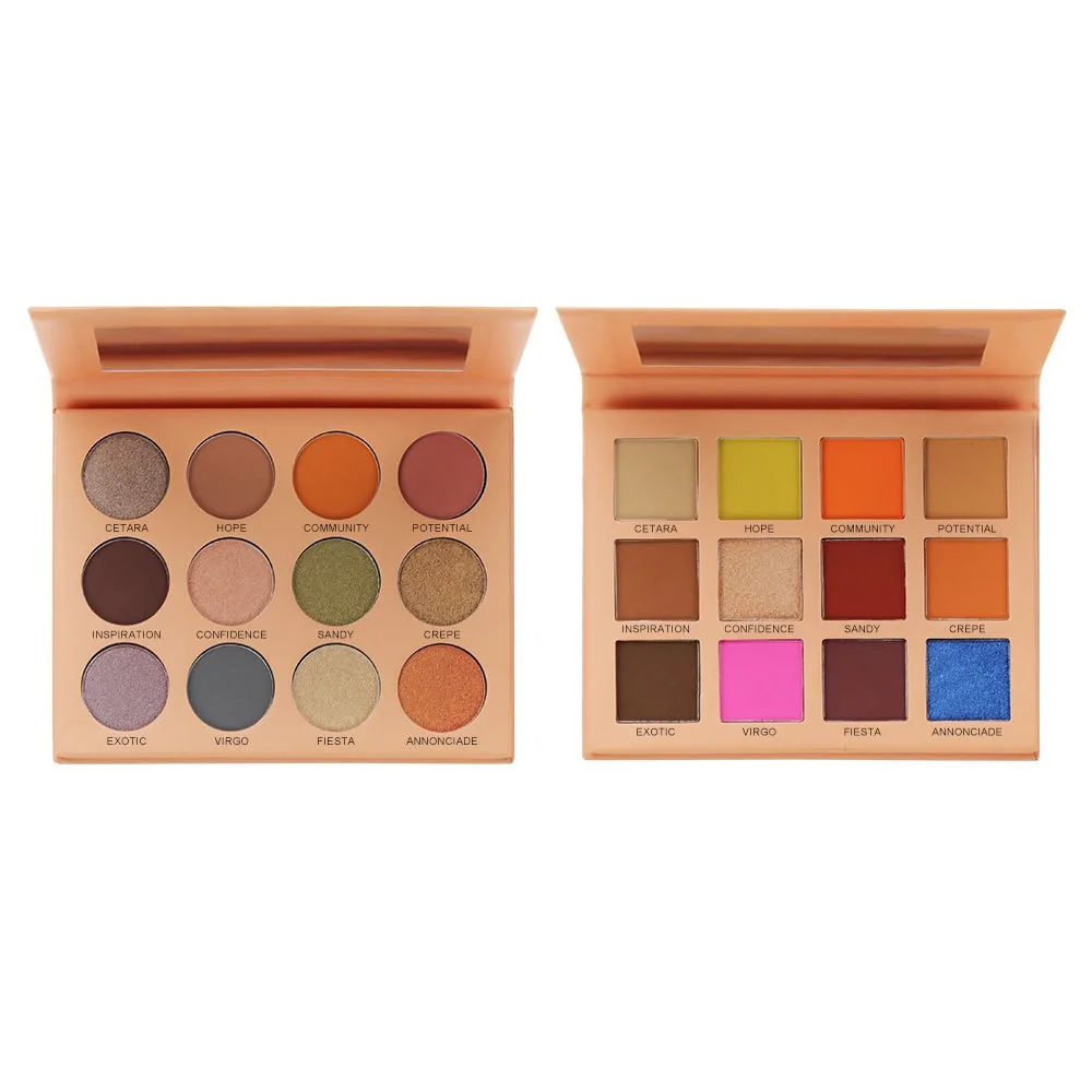 Private label peach eyeshadow palette with 12 round and square pans in warm caramel, terracotta and shimmer finishes