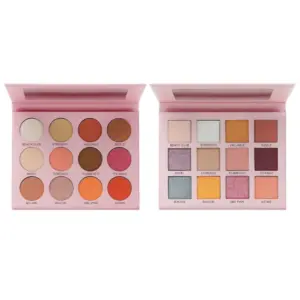 Private label pink eyeshadow palette with 12 round and square pans in rose, coral, champagne and shimmer finishes