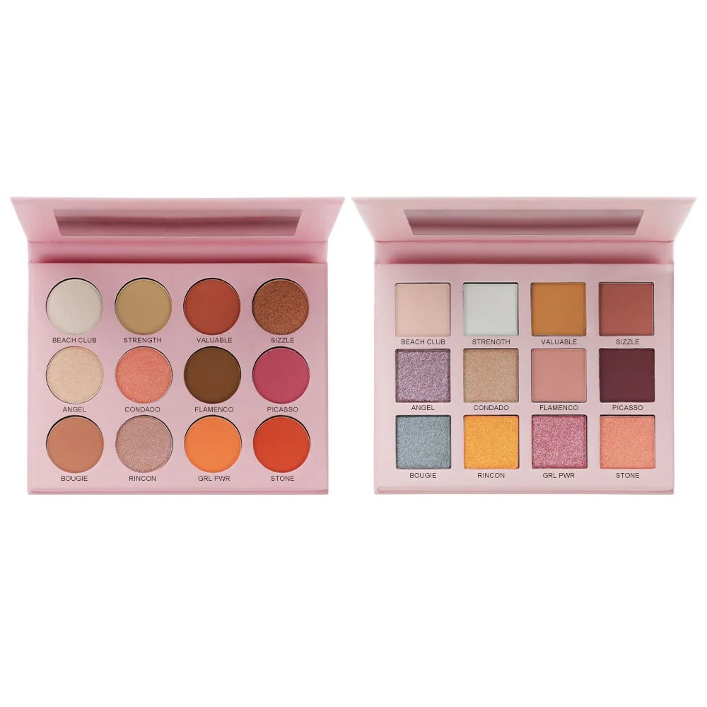 Private label pink eyeshadow palette with 12 round and square pans in rose, coral, champagne and shimmer finishes