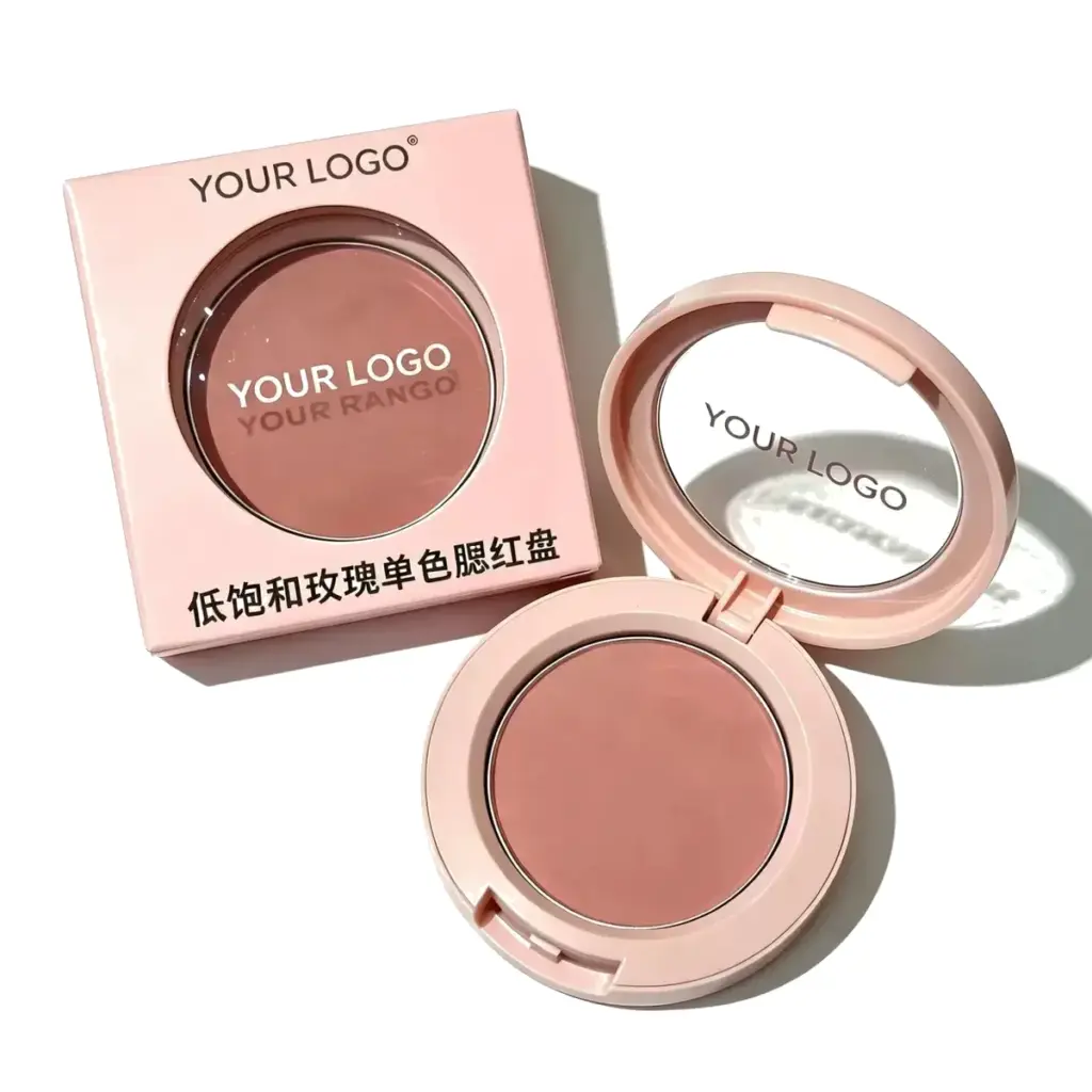 Private label rose blush in soft pink round case with clear window lid and matching pink retail box