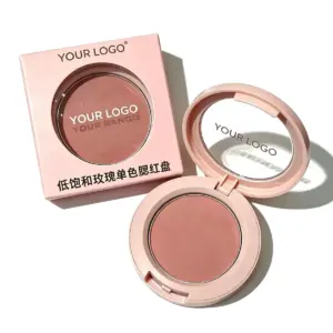 Private label rose blush in soft pink round case with clear window lid and matching pink retail box