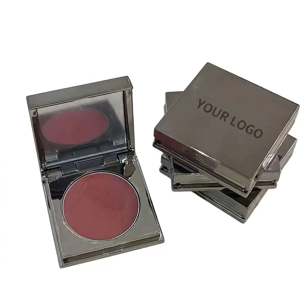 Private label single blush compact in stackable gunmetal square case with mirror and rose mauve pan