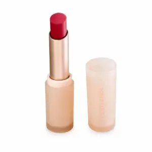 Private label slim nude lipstick with frosted rose case, champagne gold inner tube and matte berry bullet