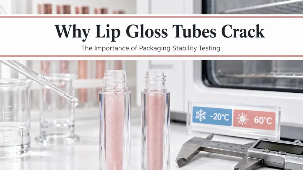 Cracked lip gloss tube compared with intact packaging during stability testing