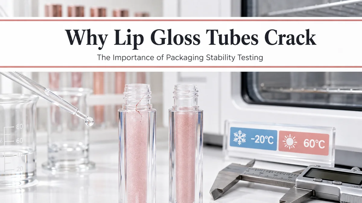 Cracked lip gloss tube compared with intact packaging during stability testing